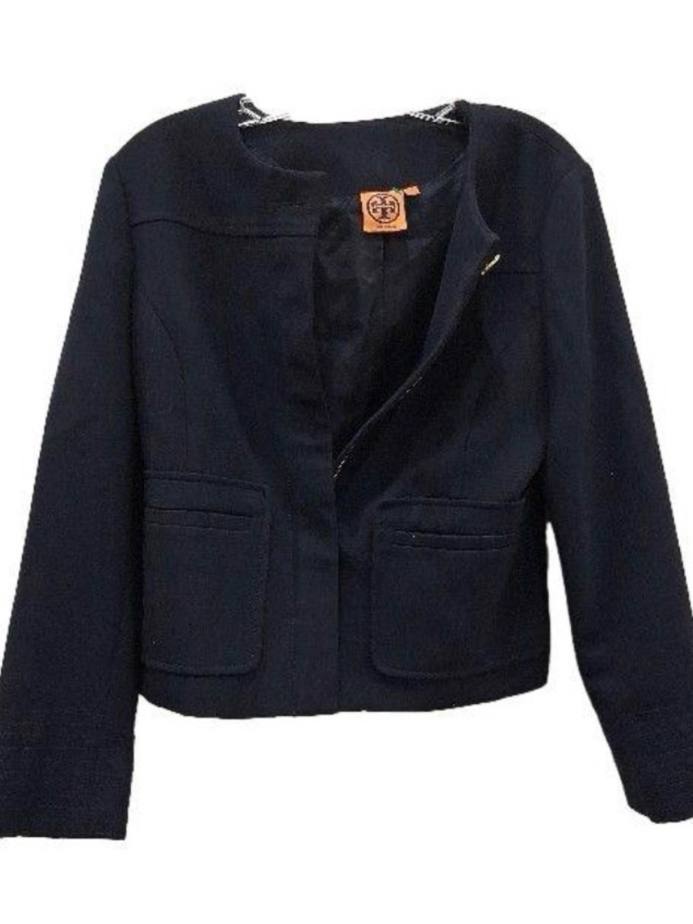 Tory Burch, size 4, Navy, Collarless Cropped Blazer, buttons in front